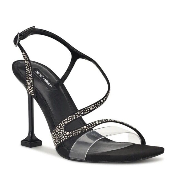 New Nine West Black Rhinestone Nines Ankle Strappy Heeled Sandals Bling Heel - Picture 1 of 8